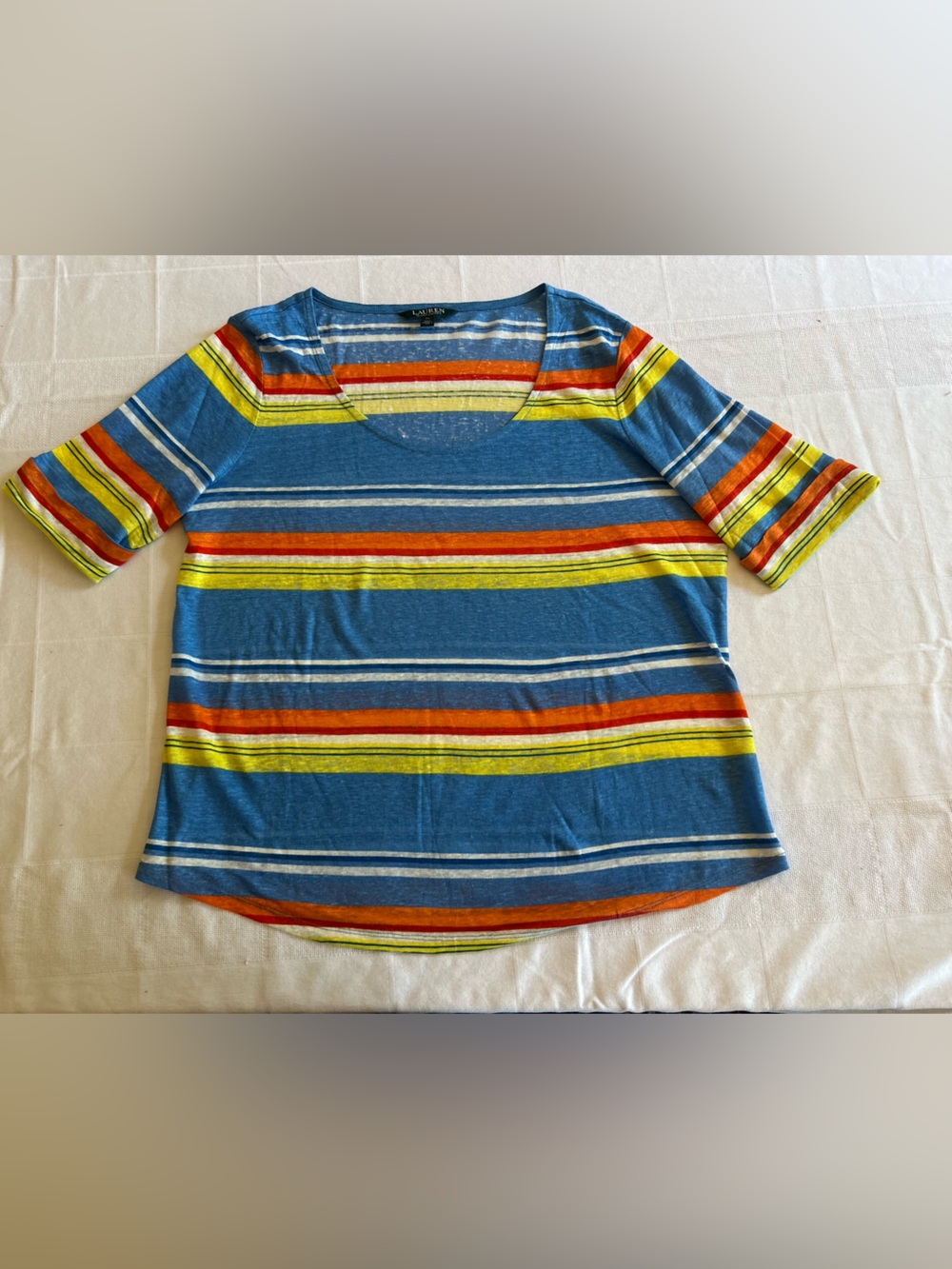 Lauren Ralph Lauren 100% Linen Striped 3/4 Sleeve Top XL Blue Orange